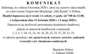 Komunikat. Wznowienie handlu na targowisku w Dobrej