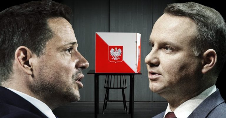Rafał Trzaskowski kontra Andrzej Duda na tle urny wyborczej