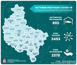 Aktywne przypadki Covid-19 w powiatach Wielkopolski - stan na 20.07.2020 r. (mapa)