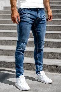 Granatowe jeansowe spodnie męskie skinny fit z paskiem