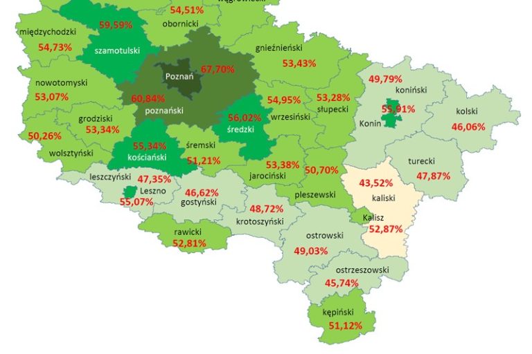 Wielkopolska, poziom wyszczepienia w podziale na powiatu (21.10.2021)