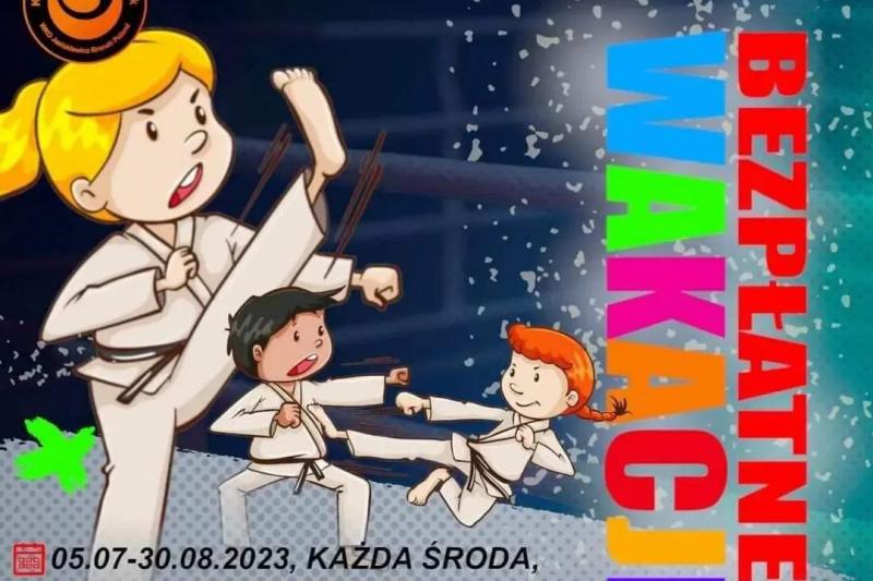 Bezpłatne, wakacyjne treningi karate, judo, kickboxing (grafika)