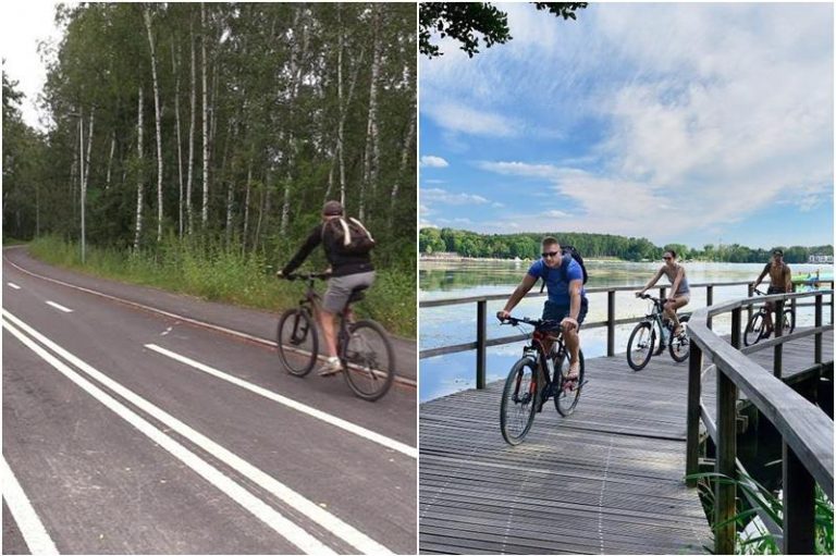 Rowerzyści jadący autostradą (ścieżką) rowerową przebiegająca przez las i wśród jezior