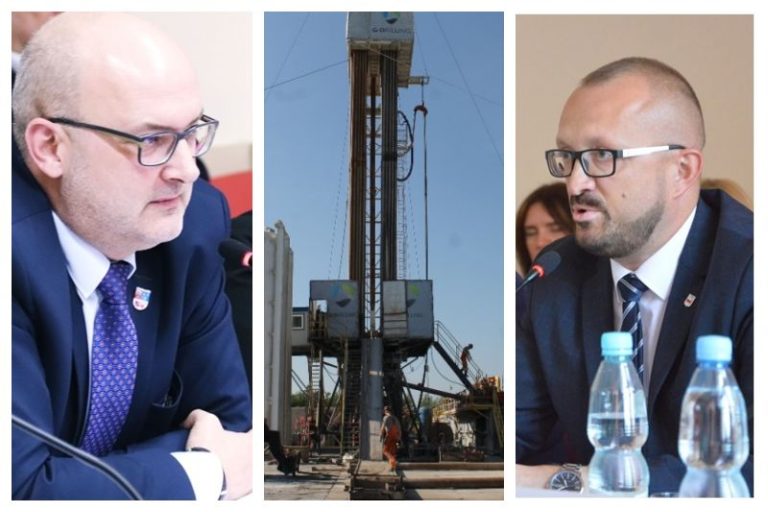 od lewej: starosta Dariusz Kałużny; geotermia; burmistrz Romuald Antosik