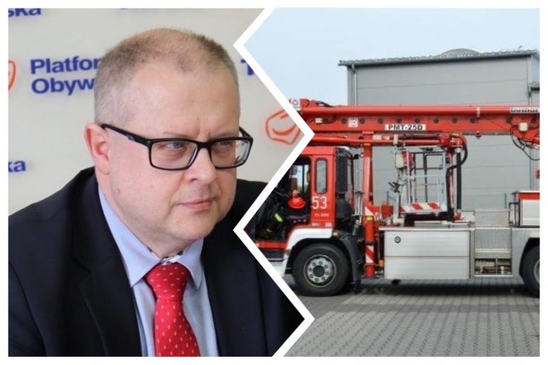 Od lewej: Dariusz Młynarczyk, wóz strażacki z podnośnikiem SH-24