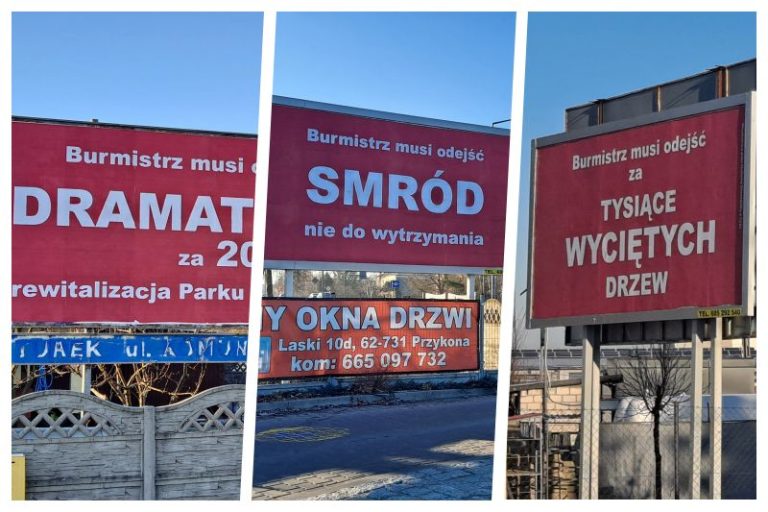 Kolaż zdjęć z billboardami z hasłami "Tysiące wyciętych drzew", "Smród nie do wytrzymania" oraz "Dramat za 20 mln zł, rewitalizacja parku miejskiego"