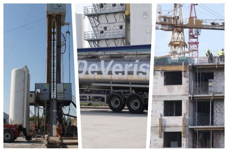 kolaż zdjęć, od lewej: geotermia, deveris, budowa bloku mieszkalnego
