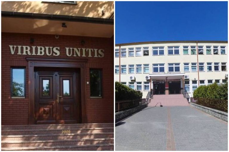 od lewej: główne wejście do Liceum Ogólnokształcącego w Turku(nad wejściem napis "Viribus Unitis"; z prawej: główne wejście do Zespołu Szkół Technicznych w Turku