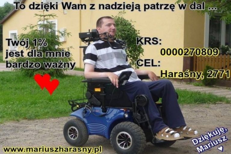 Michał haraśmy na wózku elektrycznym prosi o wsparcie z 1,5% z PIT
