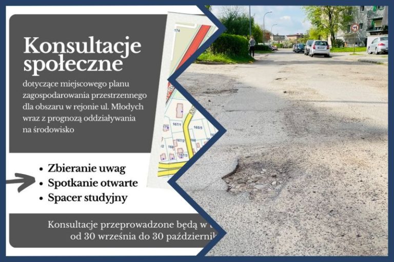 od lewej ogłoszenie o konsultacjach społecznych, z prawej zdjęcie dziurawej ulicy Młodych