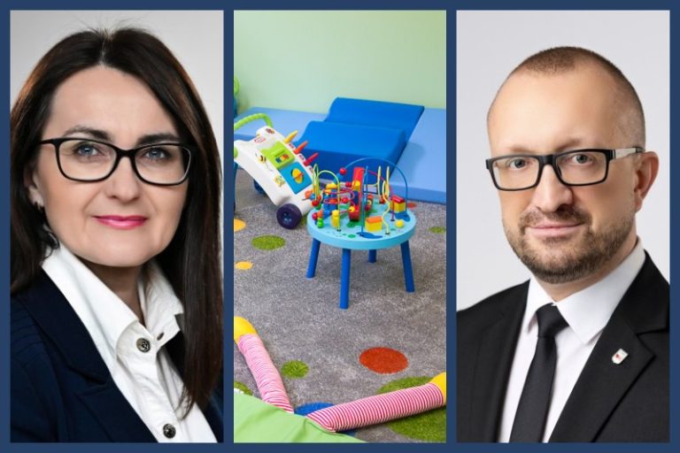 od lewej: wiceprzewodnicząca Rady Miejskiej Turku Marta Kiszewska (PO), sala w żłobku, burmistrz Turku Romuald Antosik