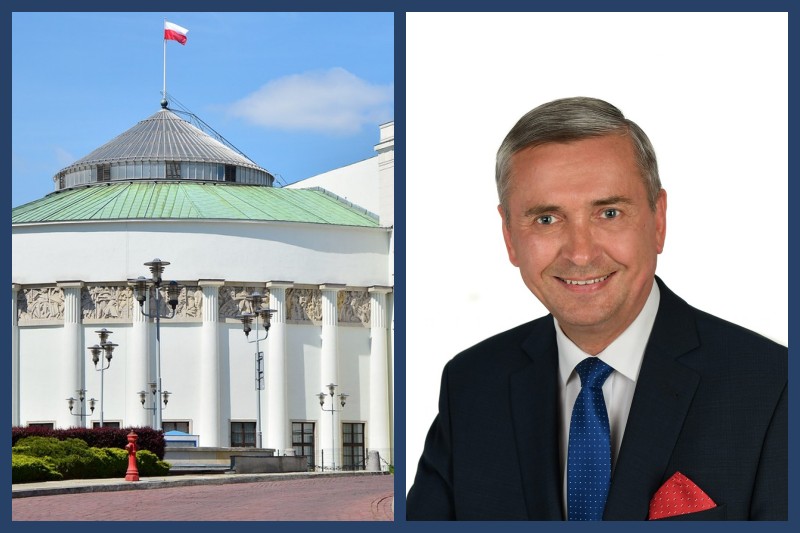 od lewej: budynek Sejmu RP; poseł Tadeusz Tomaszewski