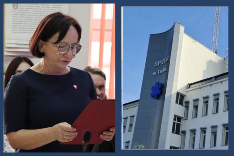 od lewej: Elżbieta Michałowicz podczas sesji Rady Powiatu Tureckiego odczytuje ślubowanie; z prawej strony budynek szpitala w Turku