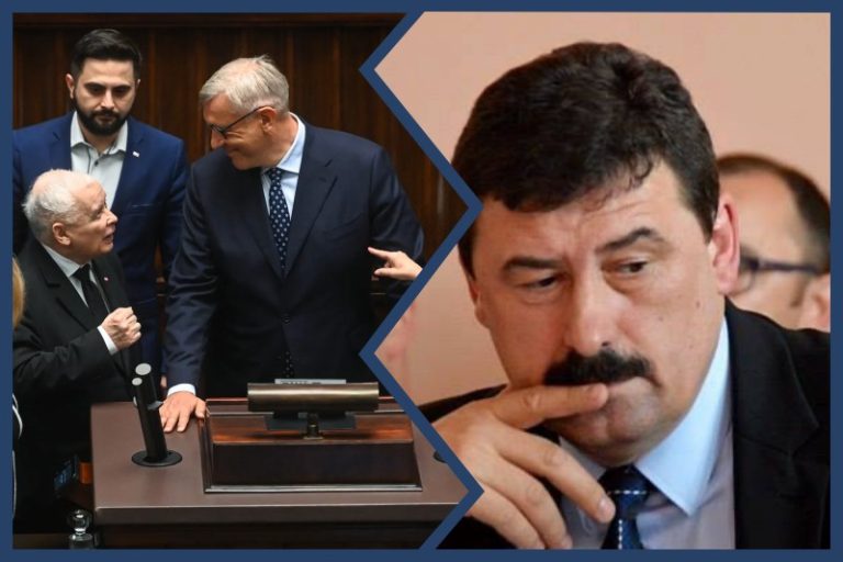 z lewej: Jarosław Kaczyński i Roman Giertych przy mównicy sejmowej; z prawej Ryszard Bartosik