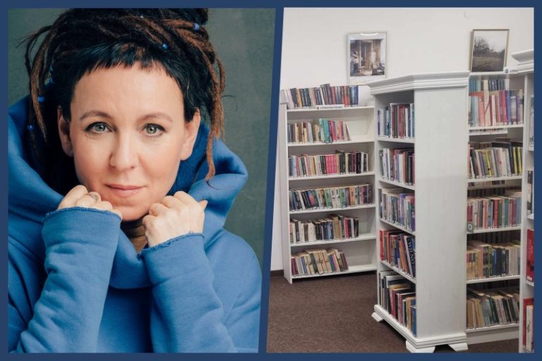 z lewej: Olga Tokarczuk, regały z książkami w Miejsko-Gminnej Bibliotece Publicznej w Tuliszkowie