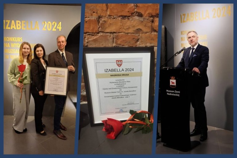 Muzealne Wydarzenie Roku w Wielkopolsce Izabella 2024. od lewej: delegacja turkowskiego muzeum z dyrektorem Bartoszem Stachowiakiem; dyplom za drugą nagrodę; marszałek województwa Marek Woźniak