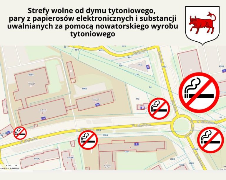 Turek, mapa strefy wolnej od dymu, która obejmuje ul. Milewskiego na odcinku od skrzyżowania z ul. 3 Maja i Chopina do ronda Sera Turek
