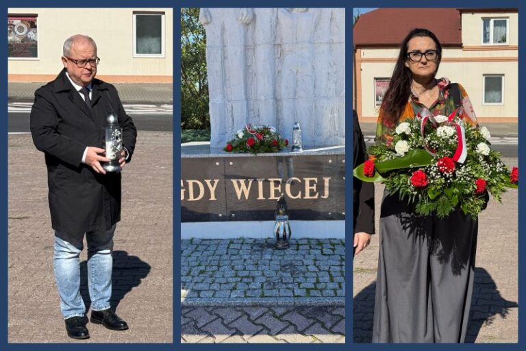 Kolaż 3 zdjęć; od lewej przewodniczący PO Turek Dariusz Młynarczyk ze zniczem w ręku; po środku pomnik "Nigdy więcej wojny"; po prawej Marta Kiszewska z wiązanką kwiatów