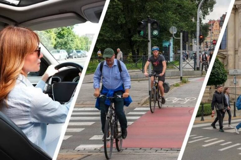 kolaż zdjęć, od lewej kobieta siedząca za kierownicą w samochodzie; w środku rowerzyści przejeżdżający ścieżką rowerową w mieście; z prawej piesi przechodzący przez pasy