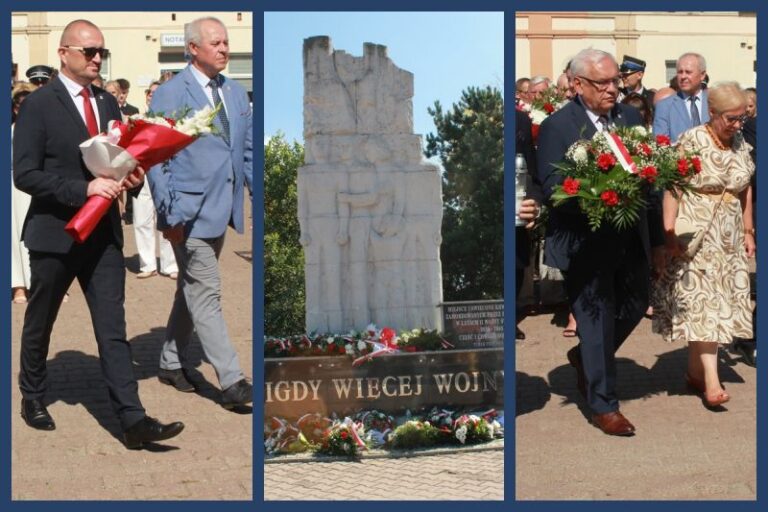 od lewej: delegacja miasta z burmistrzem Romualdem Antosikiem składa kwiaty pod pomnikiem; po środku: pomnik Nigdy więcej wojny; po prawej: delegacja powiatu ze starostą Janem Smakiem składa kwiaty