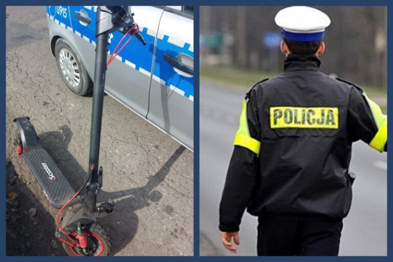 od lewej: hulajnoga elektryczna przy radiowozie policyjnym; po prawej policjant drogówki