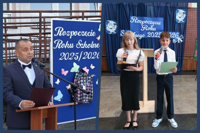 od lewej: dyrektor SP nr 4 w Turku Zbigniew Zieliński; od prawej: uczniowie SP nr 5 w Turku podczas inauguracji roku szkolnego 2026/2026