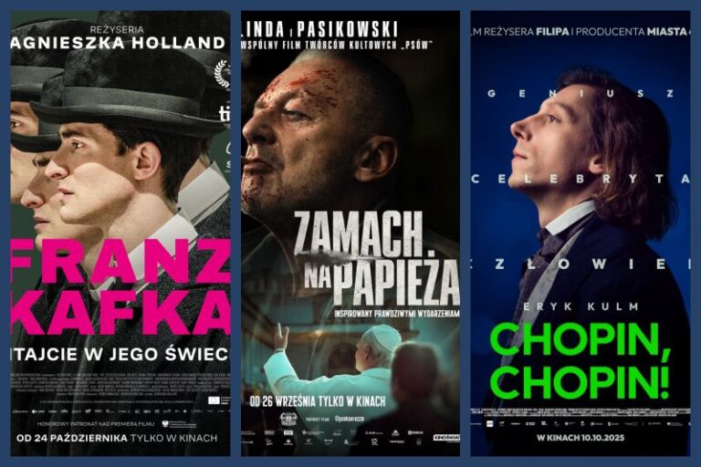 kolaż plakatów filmowych - od lewej: Franz Kafka, Zamach na Papieża, Chopin, Chopin