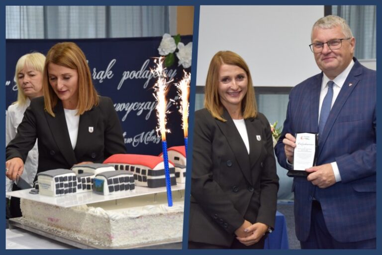 od lewej: burmistrz Ewelina Piwońska-Kubiak kroi okolicznościowego torta. Z prawej strony pani burmistrz wraz z wicemarszałkiem województwa Krzysztofem Grabowskim